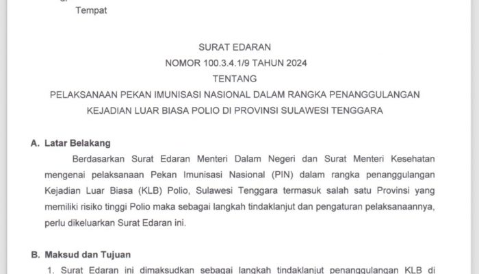 Pekan Imunisasi Nasional Polio Dimulai, Pj Gubernur Sultra Keluarkan Surat Edaran