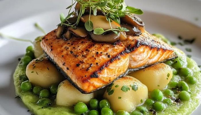 Salmon Panggang Mentega dengan Krim Pea Puree, Gnocchi Gebu, Jamur Tumis, dan Hijau Mikro